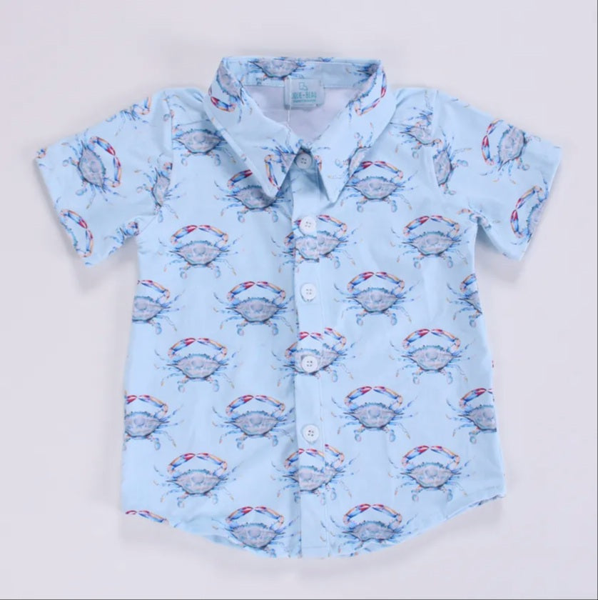 Blue Linen Crab Linen Print Mens shirt