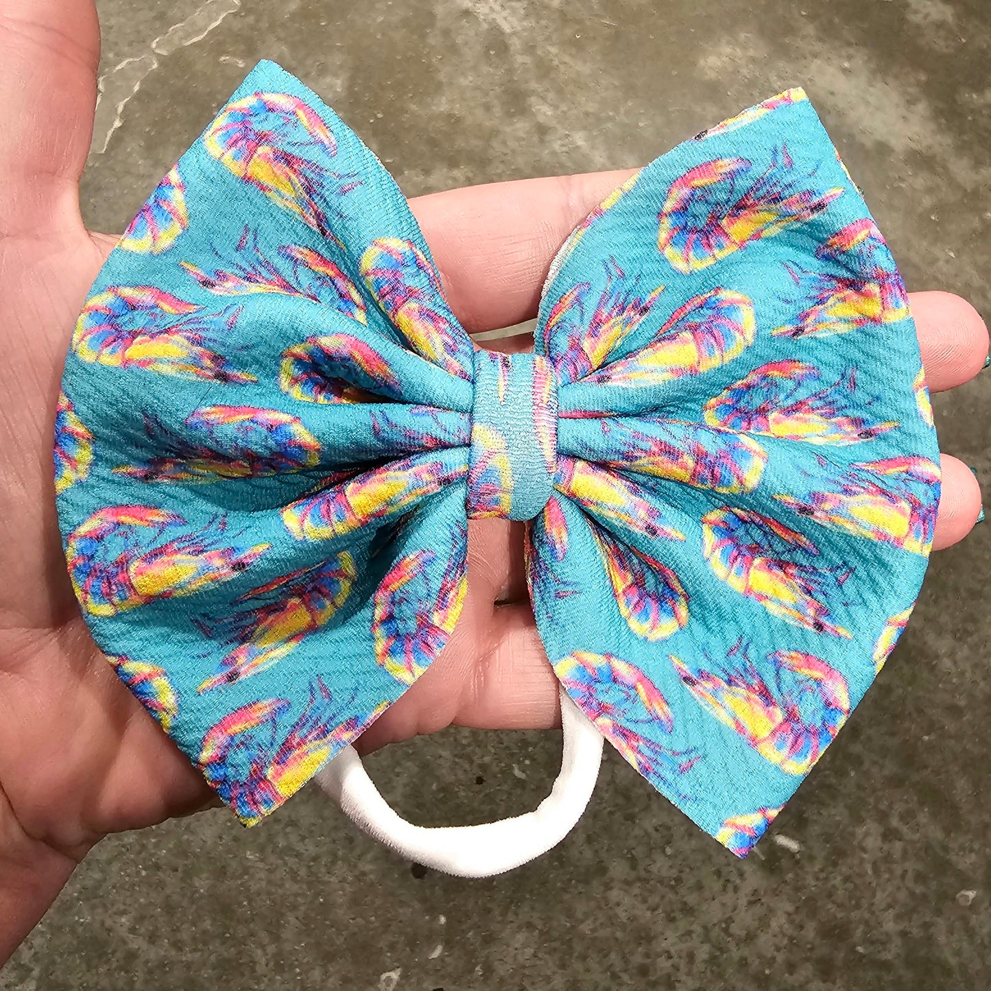 Teal Shrimp Printed Fabric Hair Bow