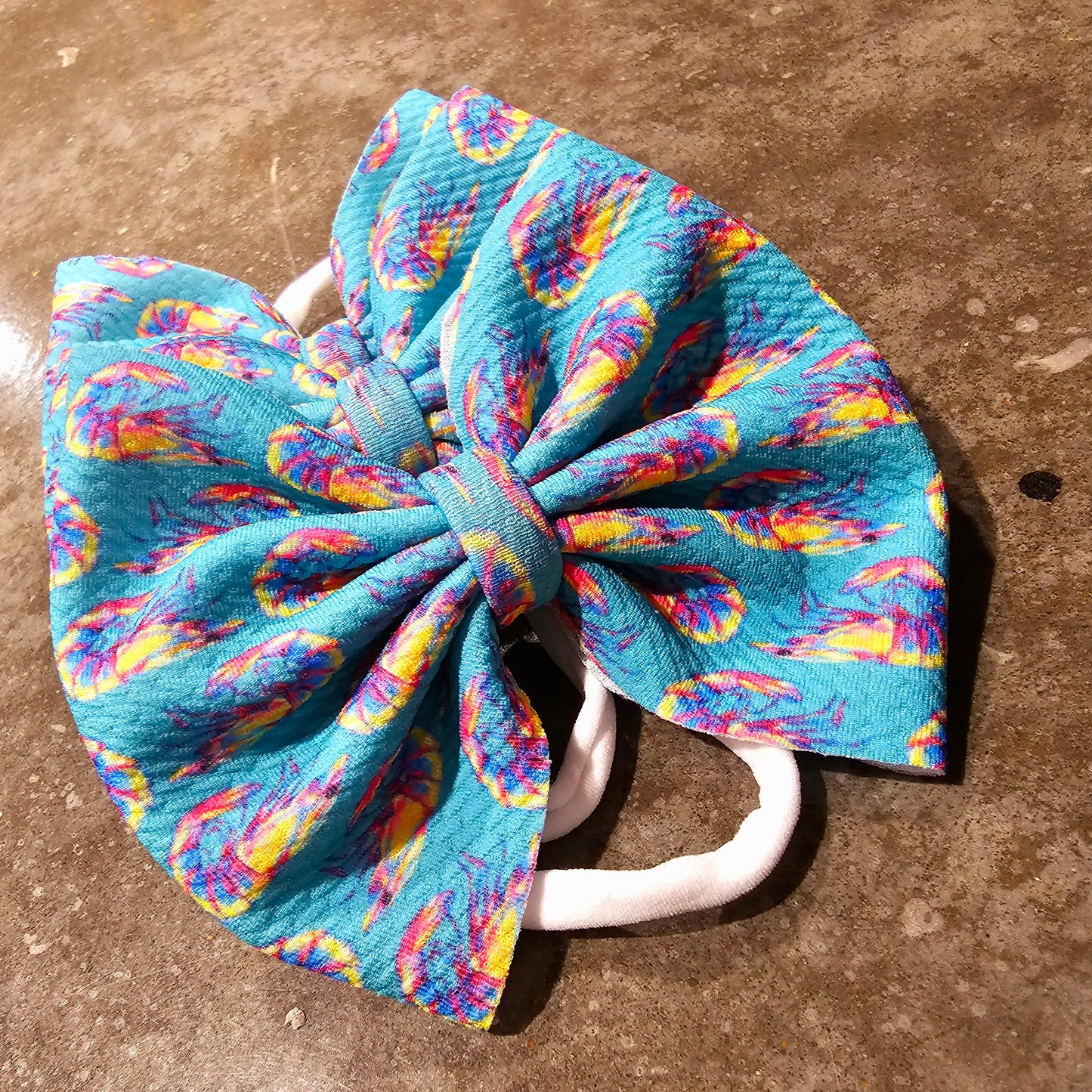 Teal Shrimp Printed Fabric Hair Bow