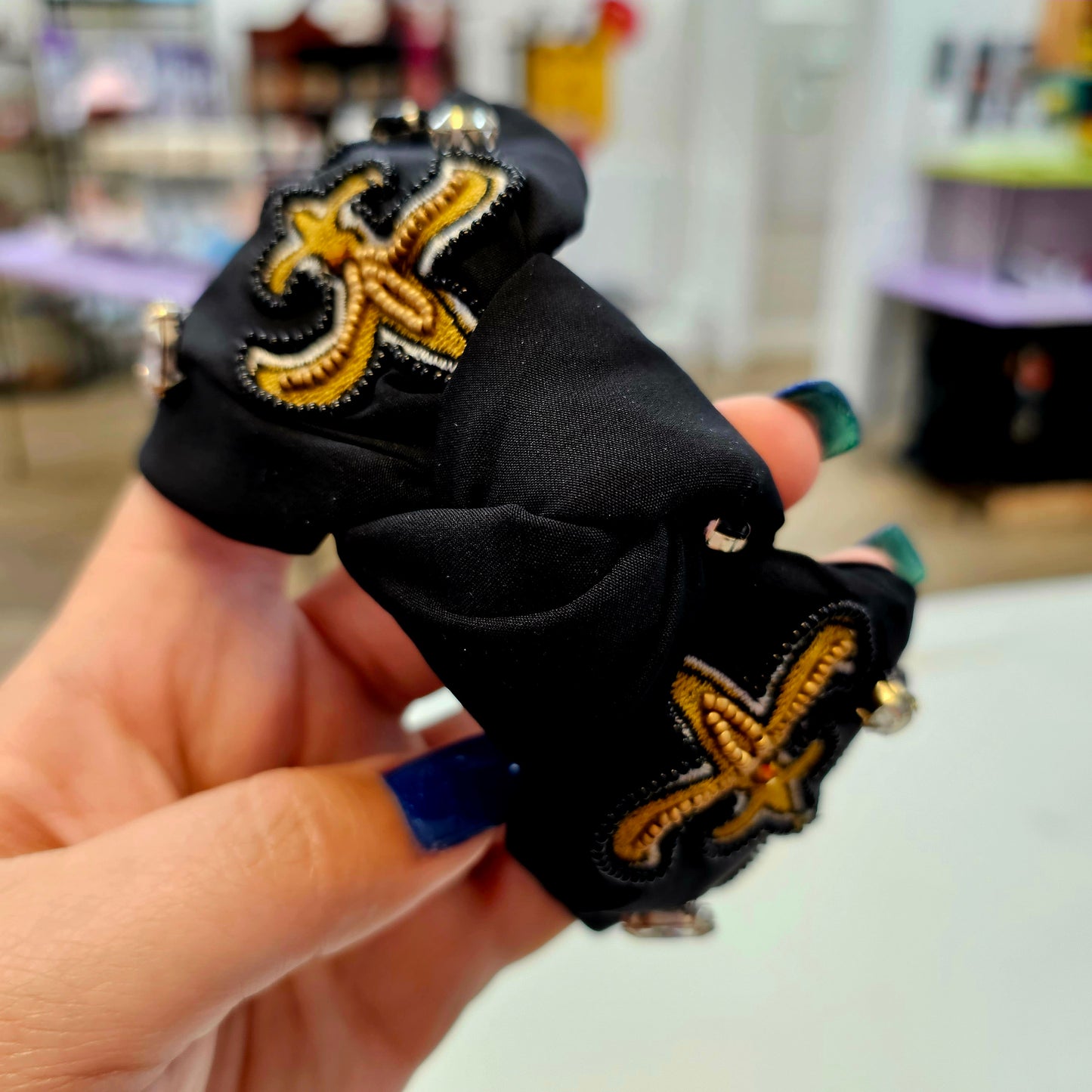 Beaded Fleur De Lis Headband Black and Gold