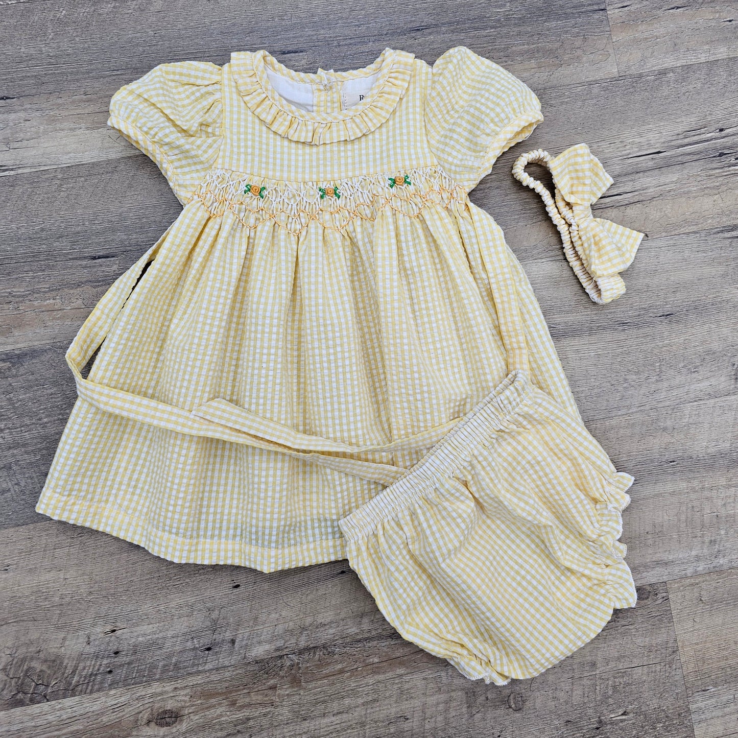 Yellow seersucker Smocked Set