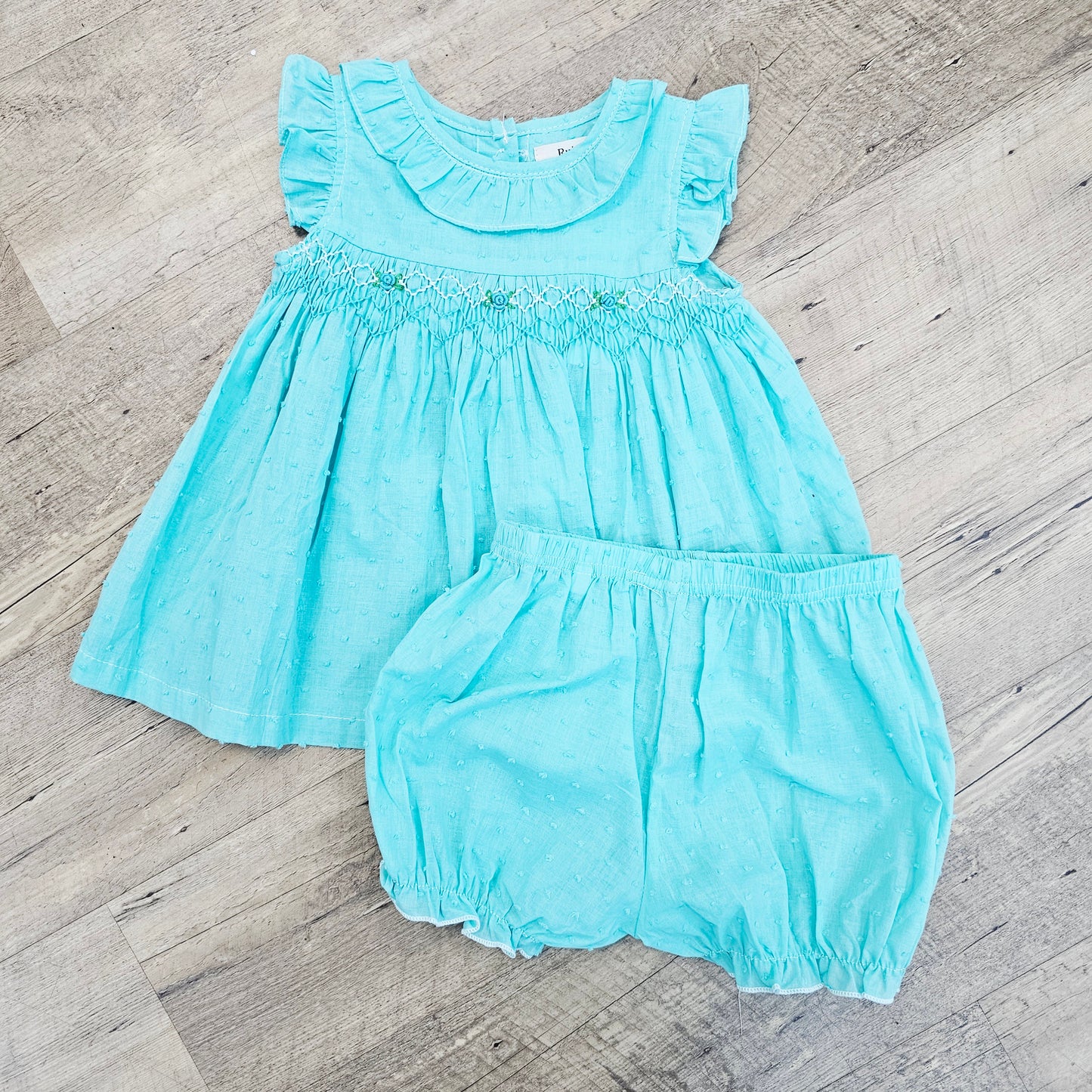 Teal Swiss Dot Smocked Set