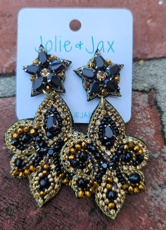 Fleur de lis beaded earrings, black and gold New Orleans