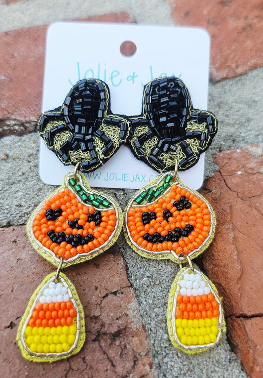 Spider pumpkin candy, corn jack-o’-lantern Halloween earrings seed bead earrings