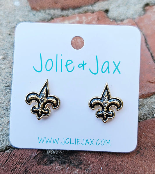 Earrings, black and gold, New Orleans, Nola, Louisiana, fleur de lis