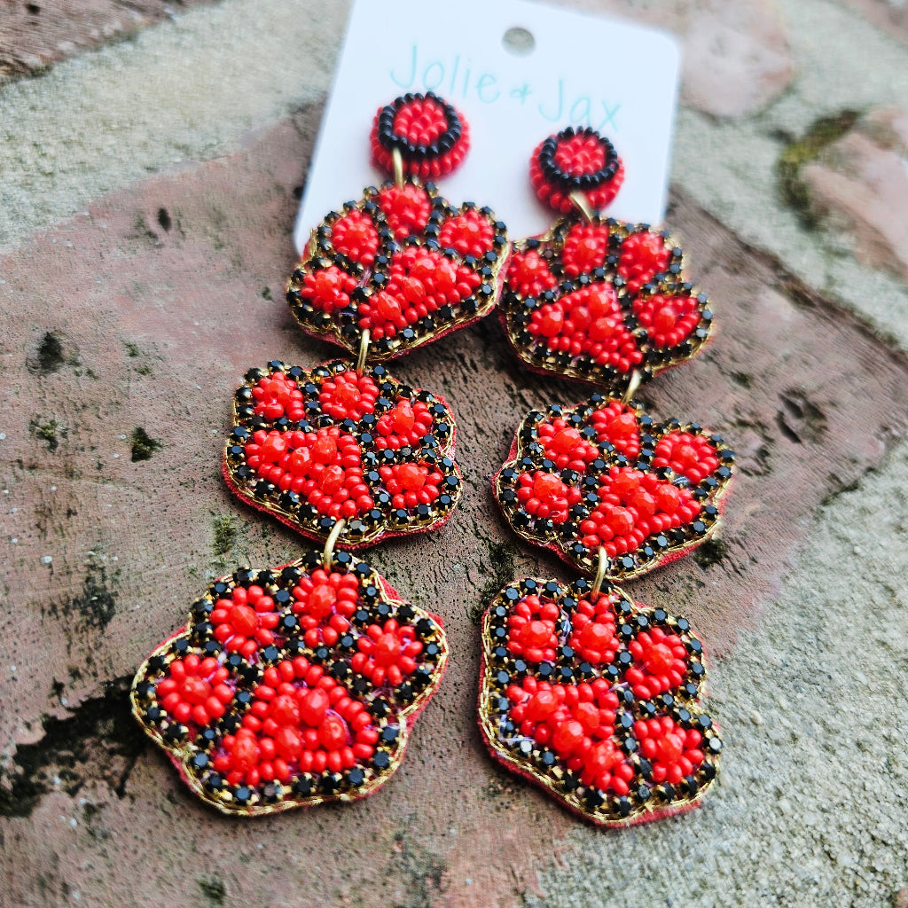 Paw Beaded Red and Black Earrings