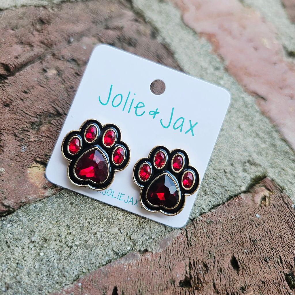 Red and Black Paw Stud Earrings