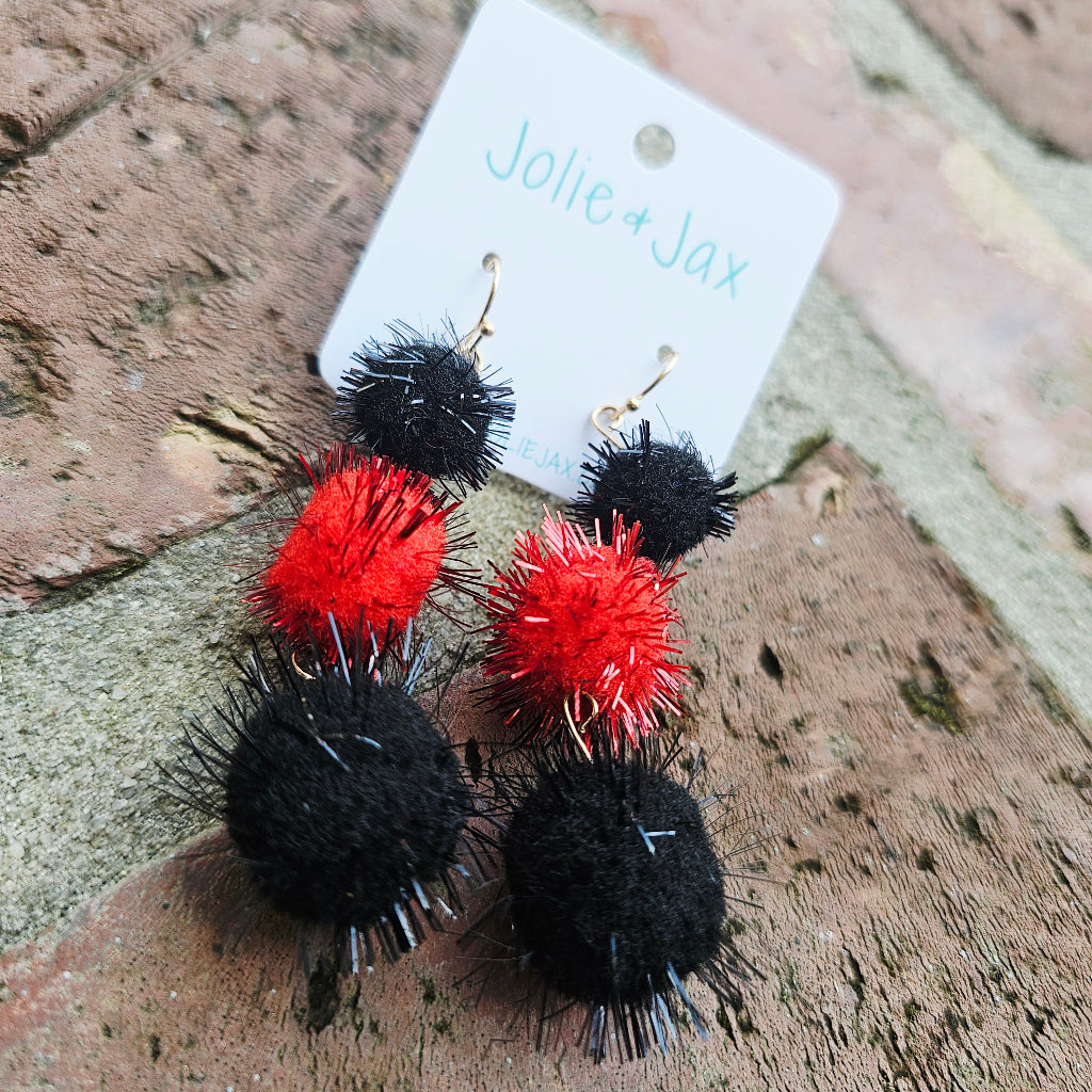 Red and Black Sparkle PomPom Earrings