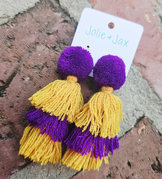 Purple and gold tassel earrings with a pom-pom football LOUISIANA New Orleans, Baton Rouge