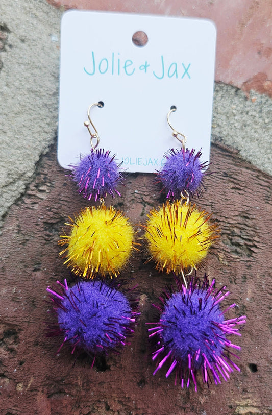 Purple and gold pom-pom earrings football