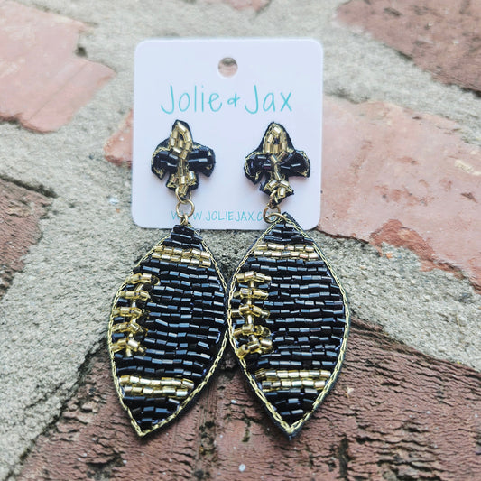 Black and gold football dangle earrings, New Orleans, Louisiana
