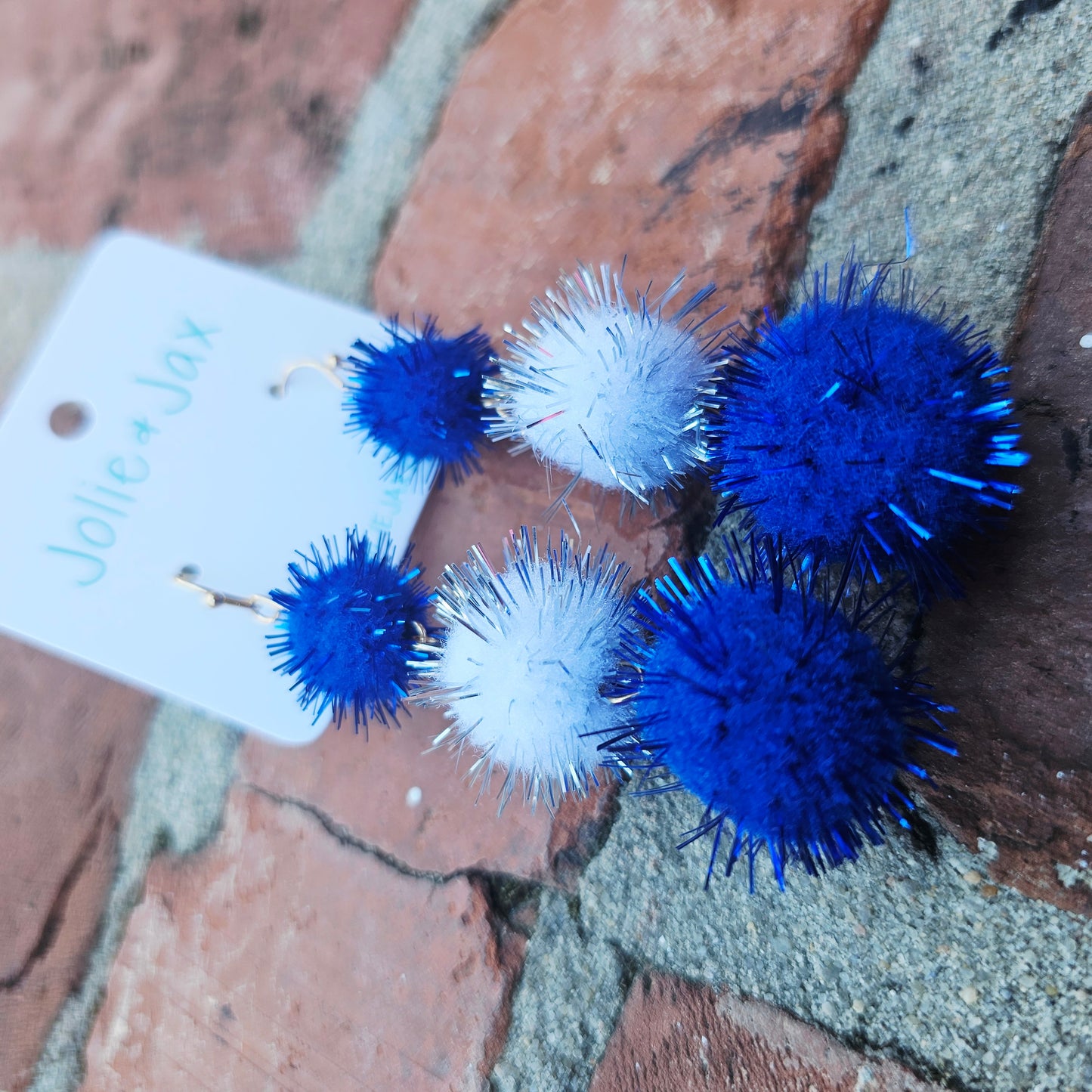Blue and White Sparkle PomPom Earrings