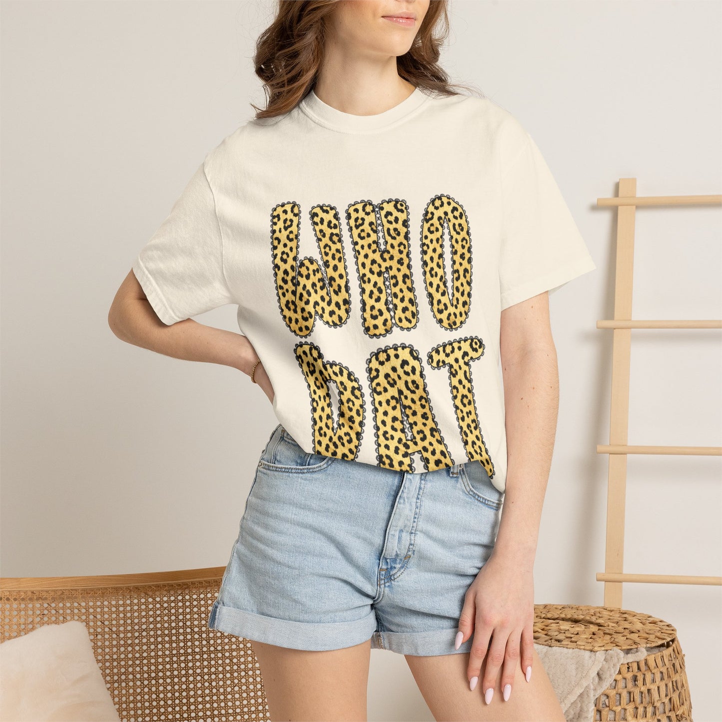 Who Dat Leopard Print T-Shirt — Retro Bold Graphic Tee for Fans & Streetwear