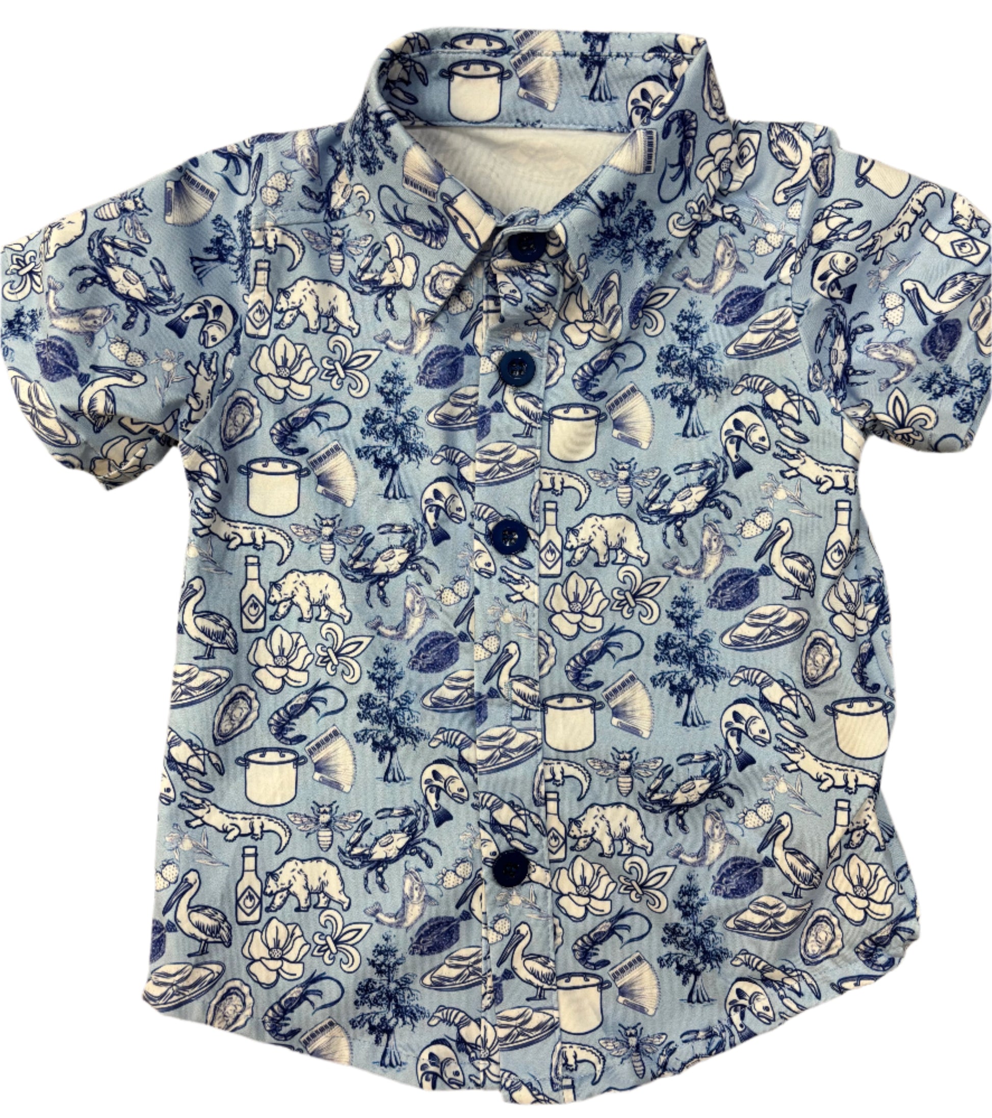 cajun toile blue bayou shrimp pelican crab fish alligator boiling pot shirt boy's kids