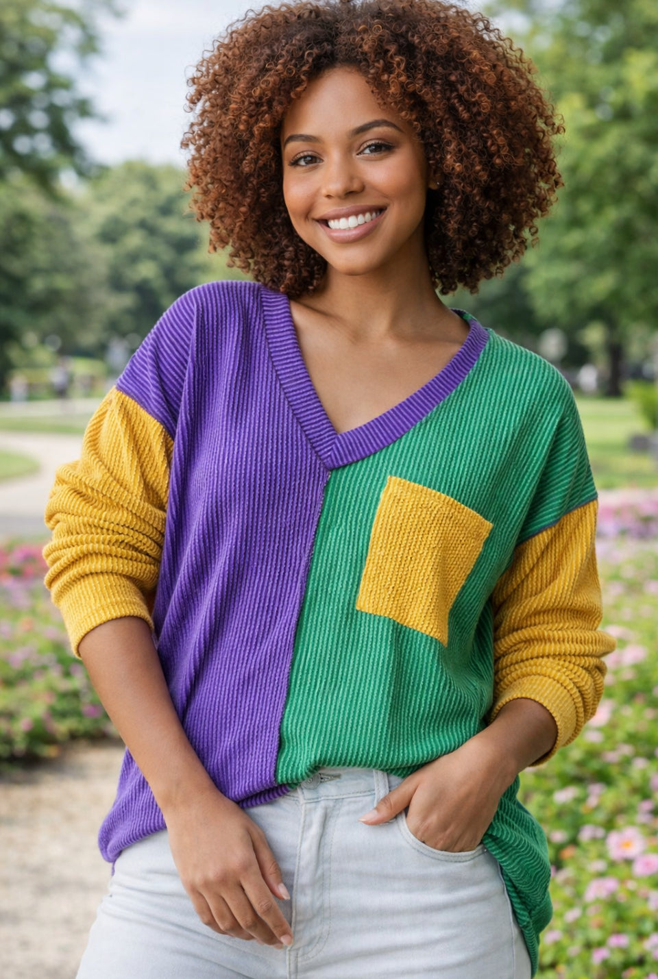 women's mardi gras color block sweater shirt