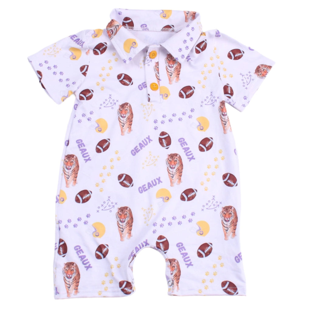 Cute Romper little boys purple gold football tigers