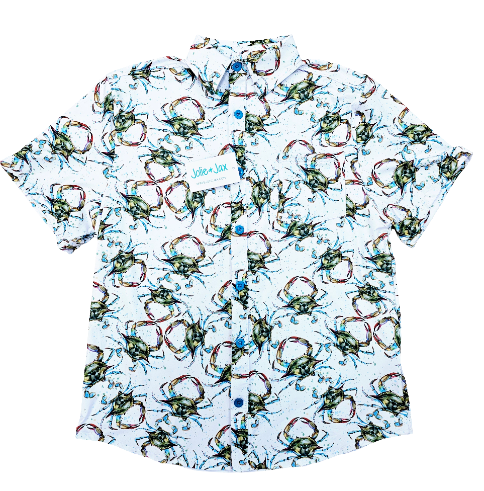 Crabs, blue crabs, softshell, seafood, New Orleans, Louisiana shirt, button-down men’s adult men’s shirt