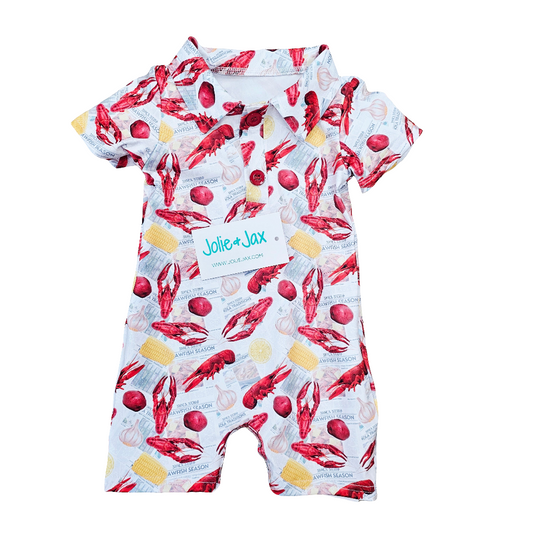 Crawfish, boil, newspaper, seafood, corn, romper, boys, baby clothing, boutique, New Orleans, Louisiana romper