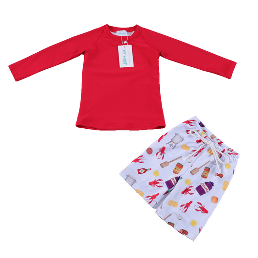 boys swimsuit trunks boil crawfish shrimp oyster bear pelican hot sauce alligator swimsuit girls cajun new orleans louisiana raw shell seafood fish gulf coast fishing