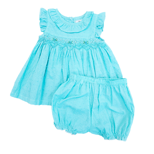 Teal Swiss Dot Smocked Set