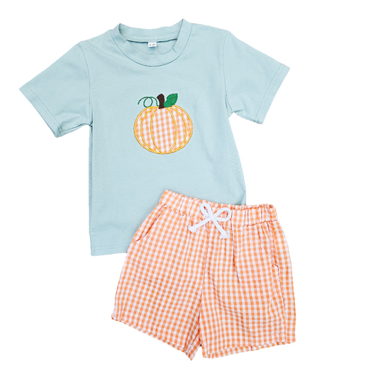 applique pumpkin kids shorts and shirt set