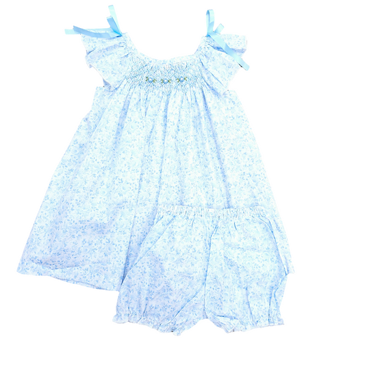 Blue & white Floral Smocked Dress Set