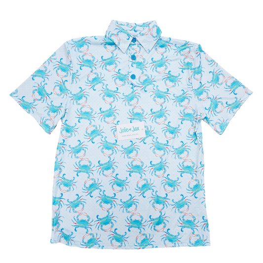 playful crab print pattern Southern seafood motif crustacean-themed design
bayou crab illustration
beachy crab graphics
nautical New Orleans crab style
men's polo shirt