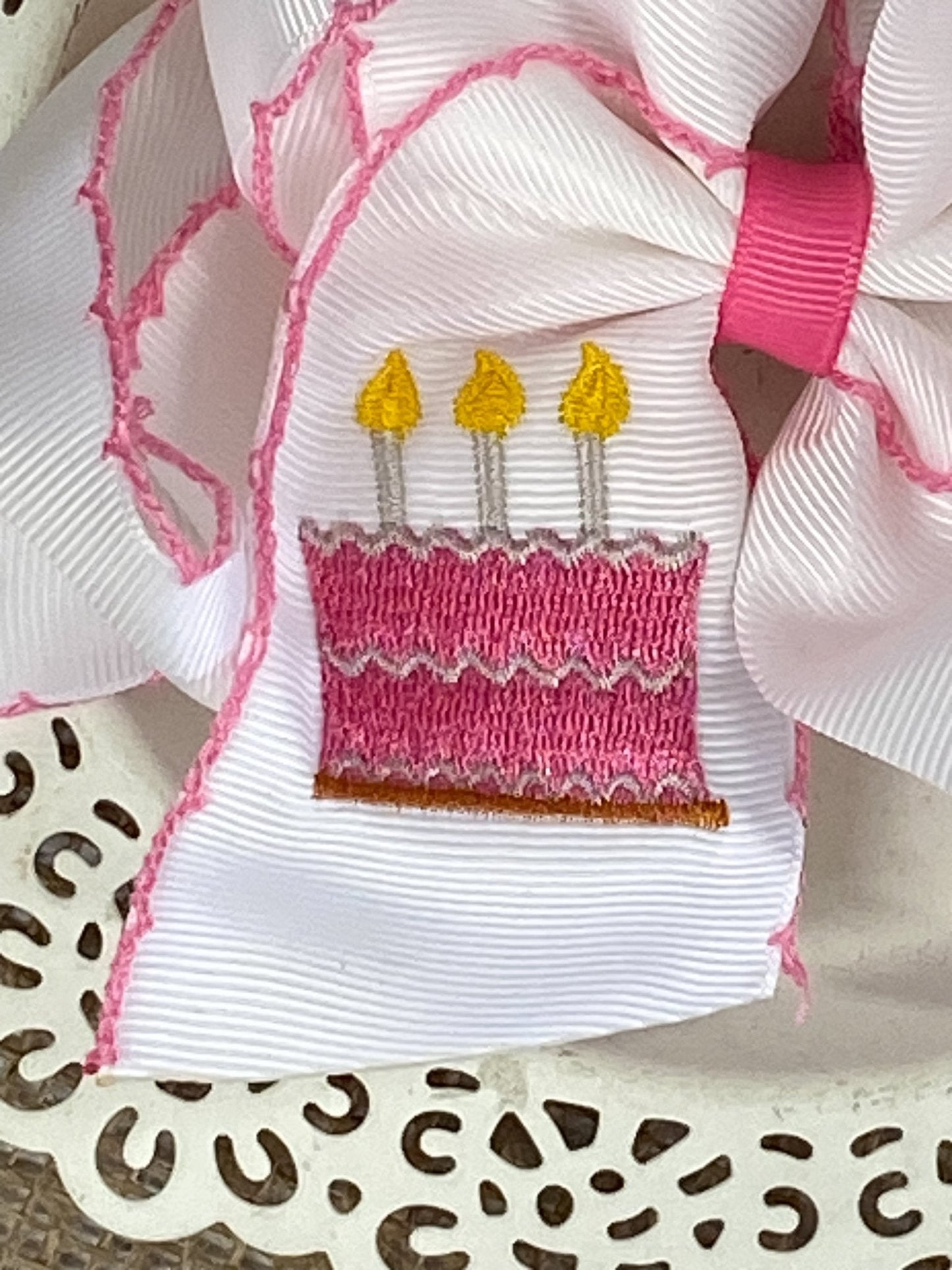 Birthday Cake Embroidered Moonstitch Hair Bow | Clip or Headband