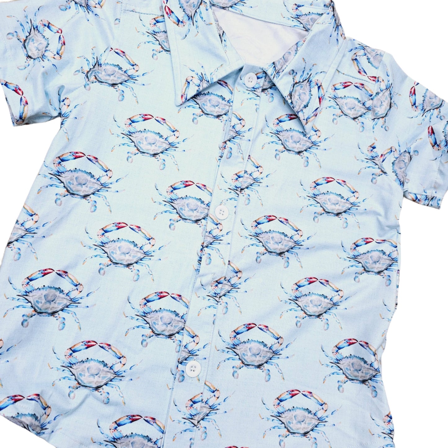 Blue Linen Crab Button Down Shirt Kids