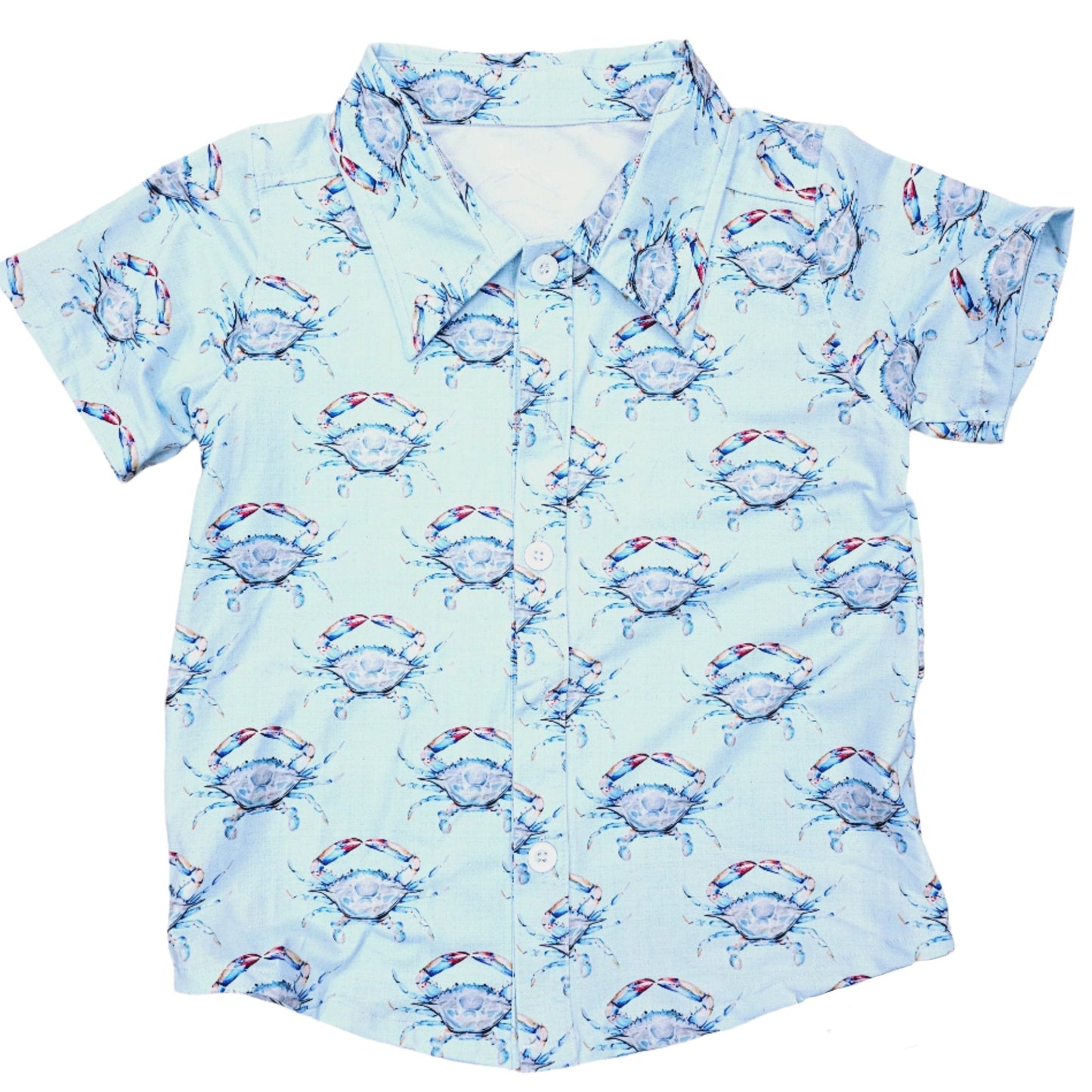 Blue Linen Crab Button Down Shirt Kids