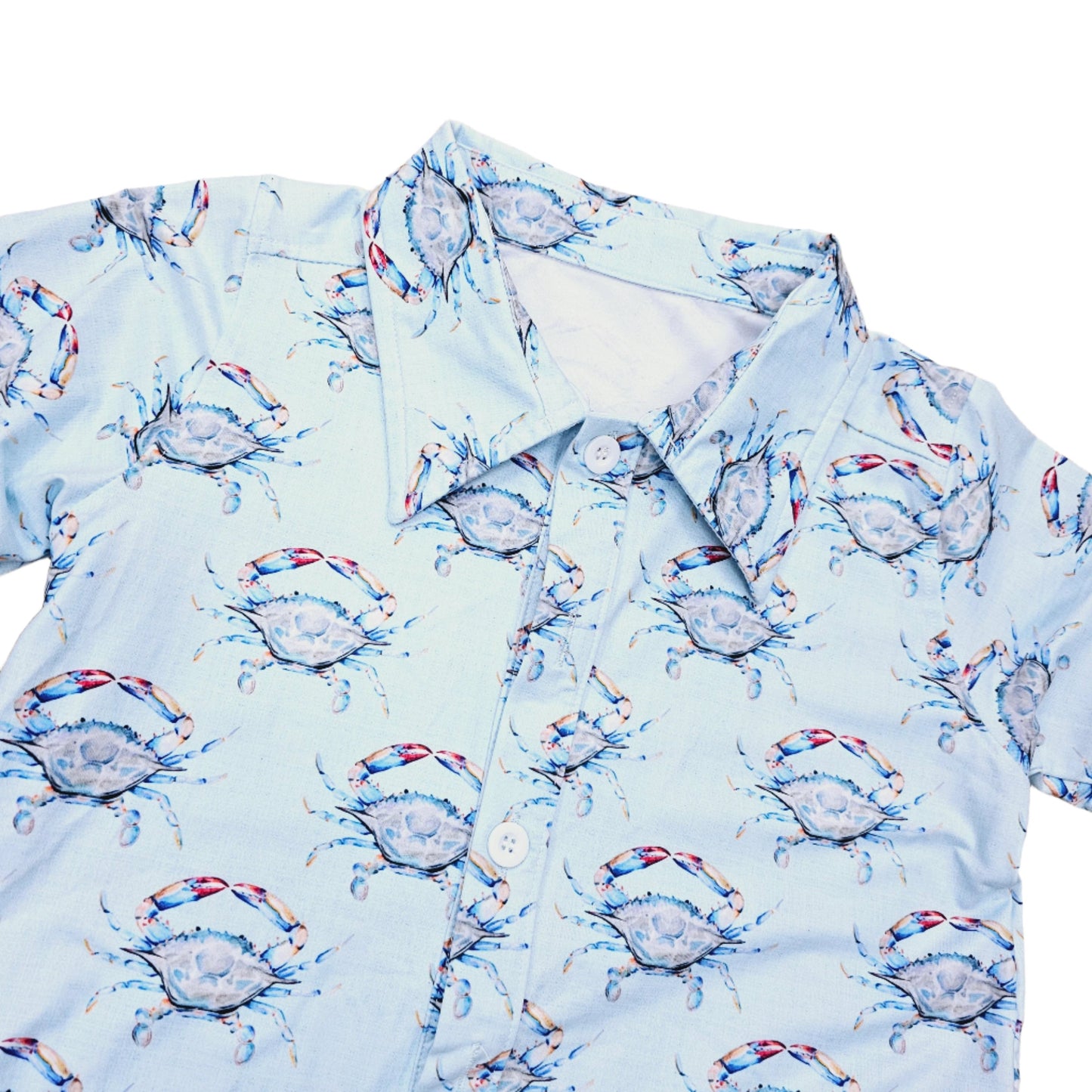 Blue Linen Crab Button Down Shirt Kids