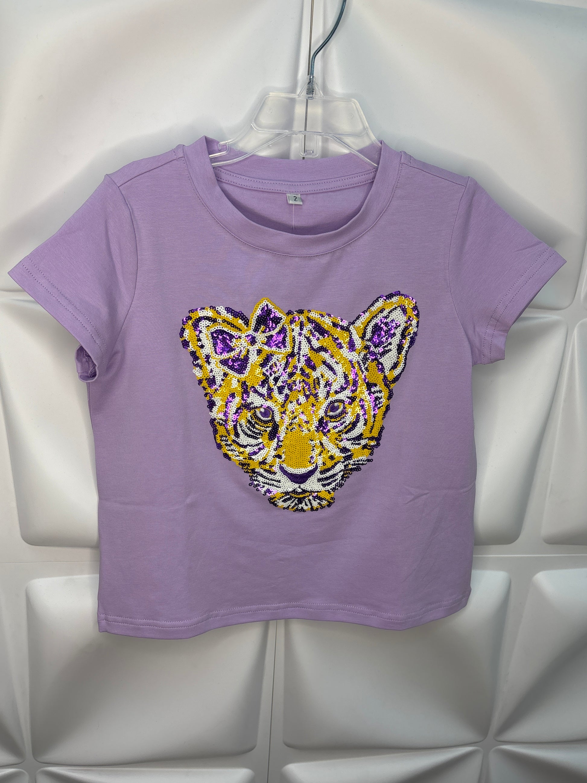 Kids, tiger, sequin shirt, LSU, purple and gold