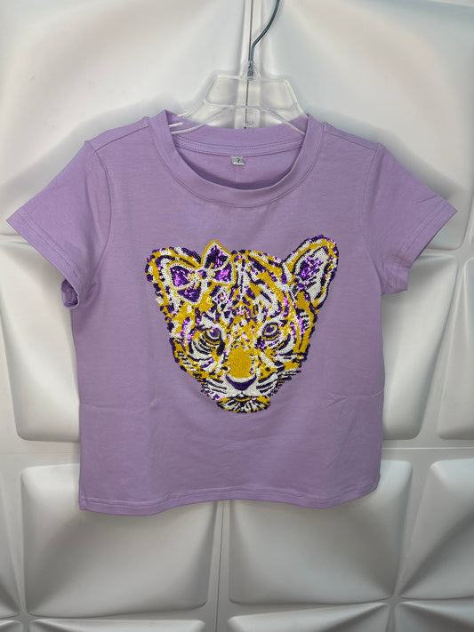 Kids, tiger, sequin shirt, LSU, purple and gold