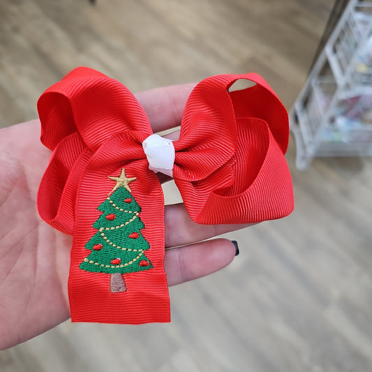 Embroidered Christmas tree hair bow