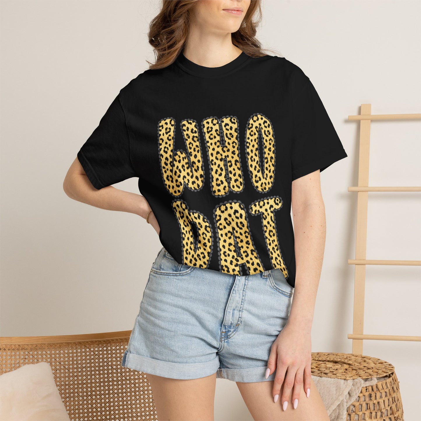 Who Dat Leopard Print T-Shirt — Retro Bold Graphic Tee for Fans & Streetwear