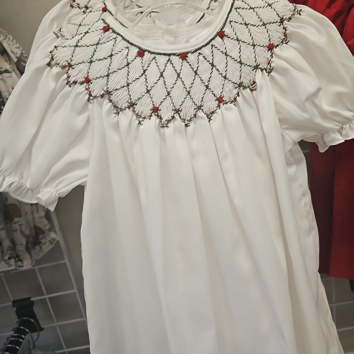 White Smocked Girl's Dress  Bishop Style with Green and Red Accents