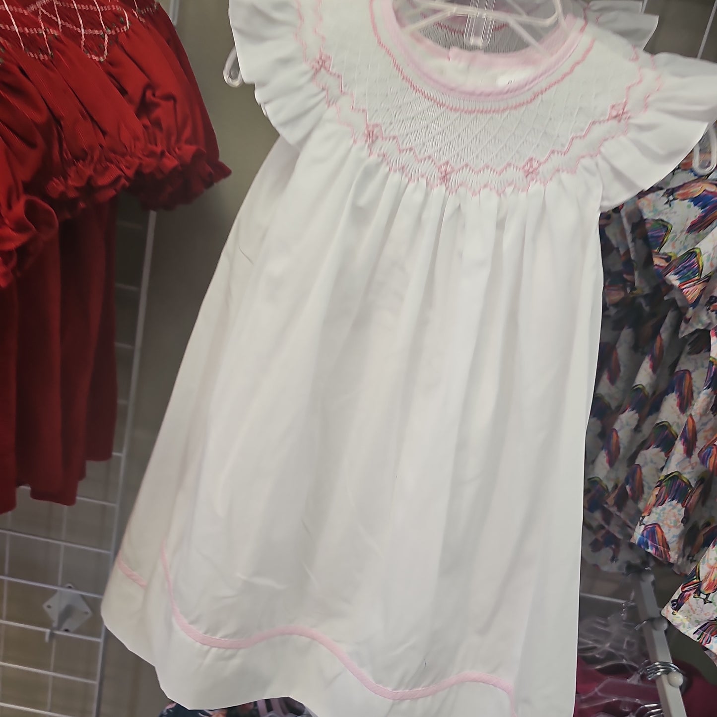 White & Pink Bishop Style Smocked Dress