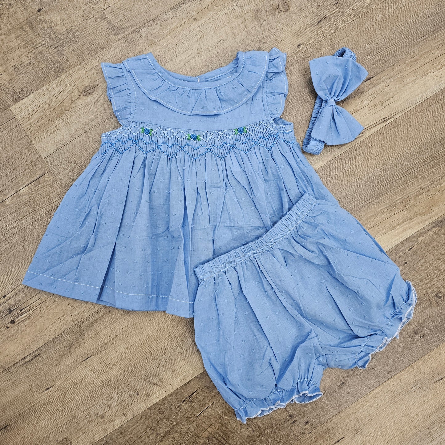 Cobalt Blue Swiss Dot Smocked Set