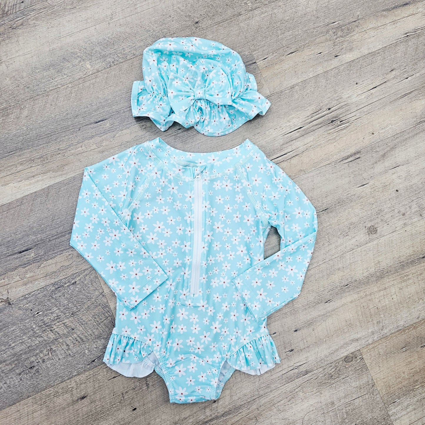 Daisy Zip Up Swim Suit with Bonnet