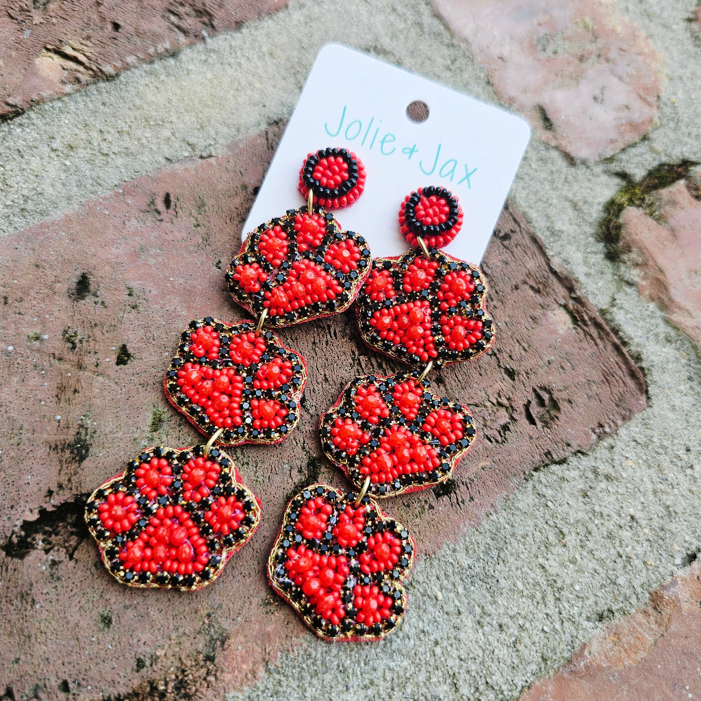 Paw Beaded Red and Black Earrings