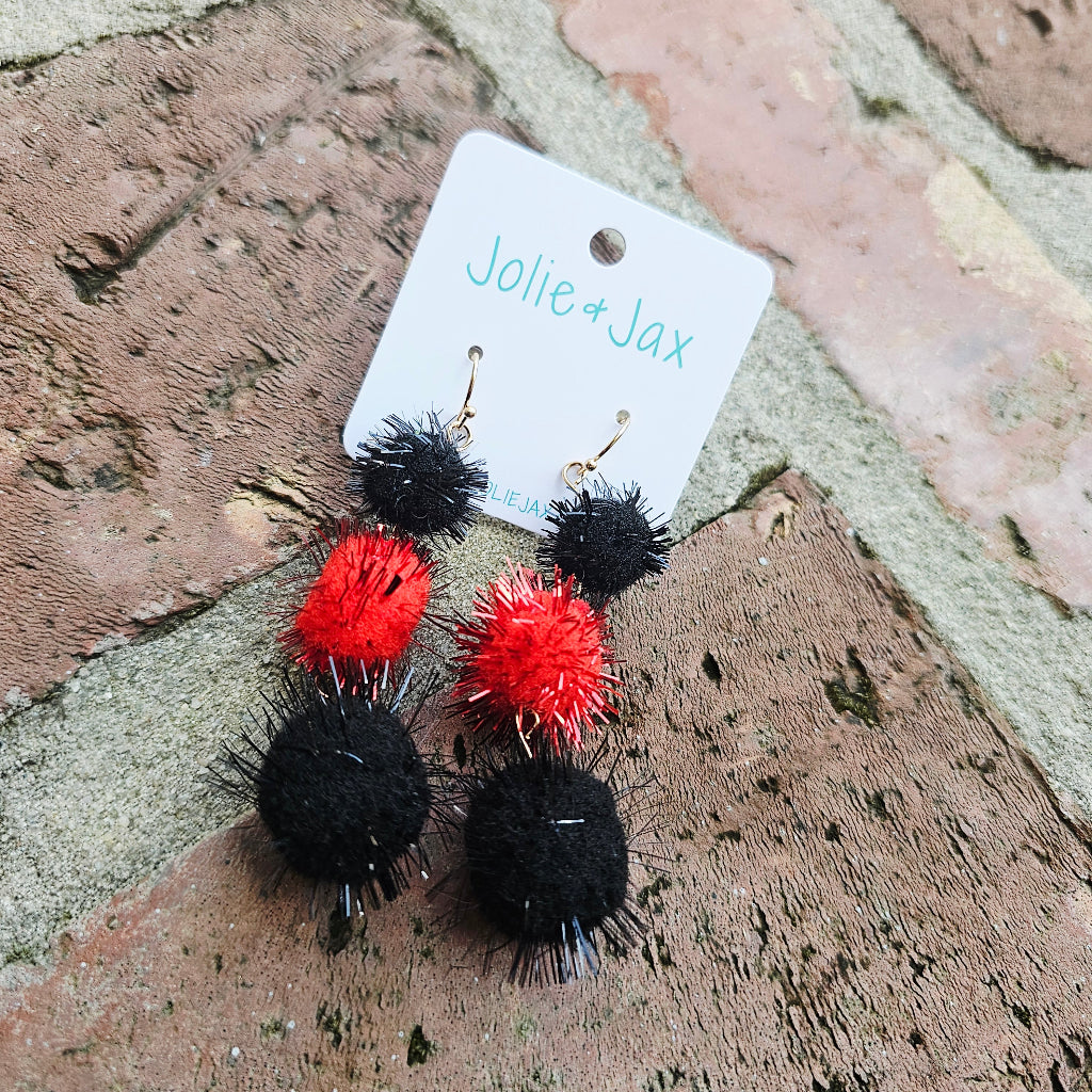 Red and Black Sparkle PomPom Earrings