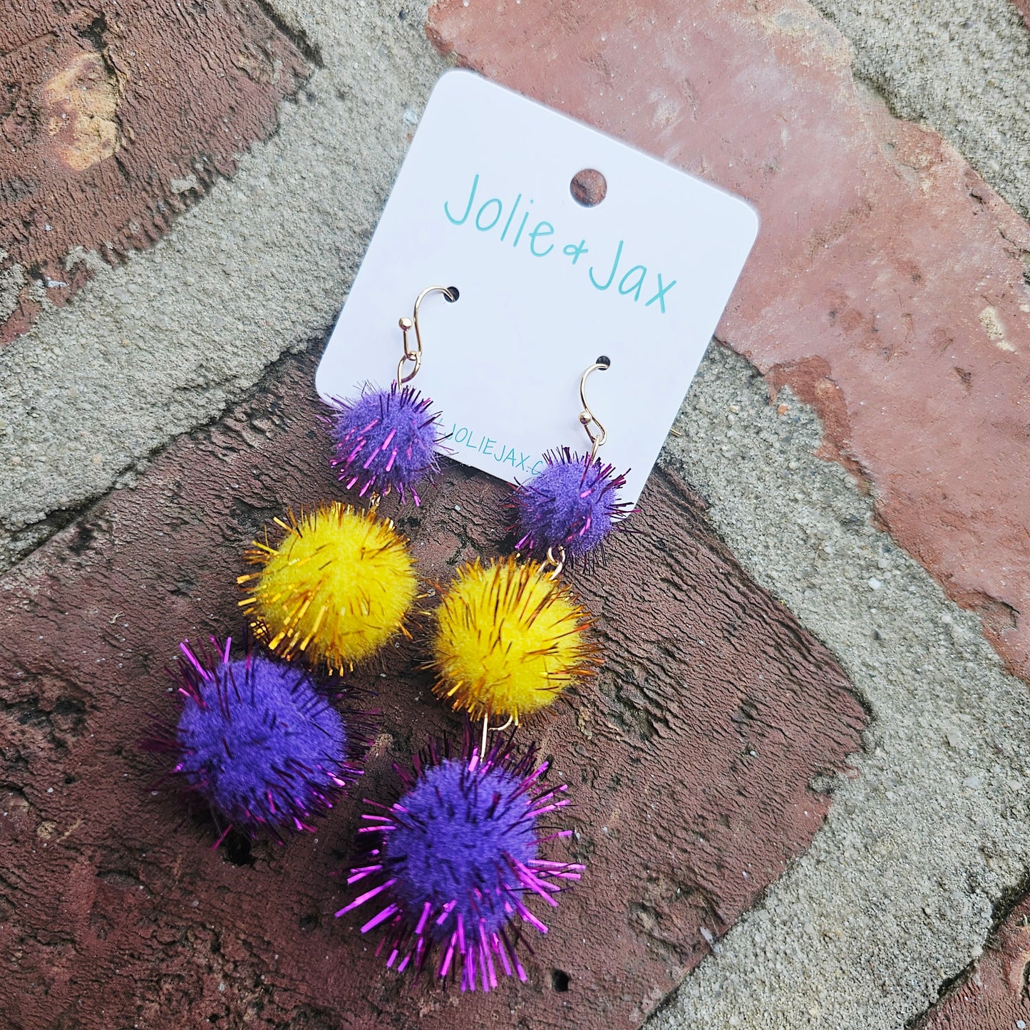 Purple and Gold Sparkle PomPom Earrings