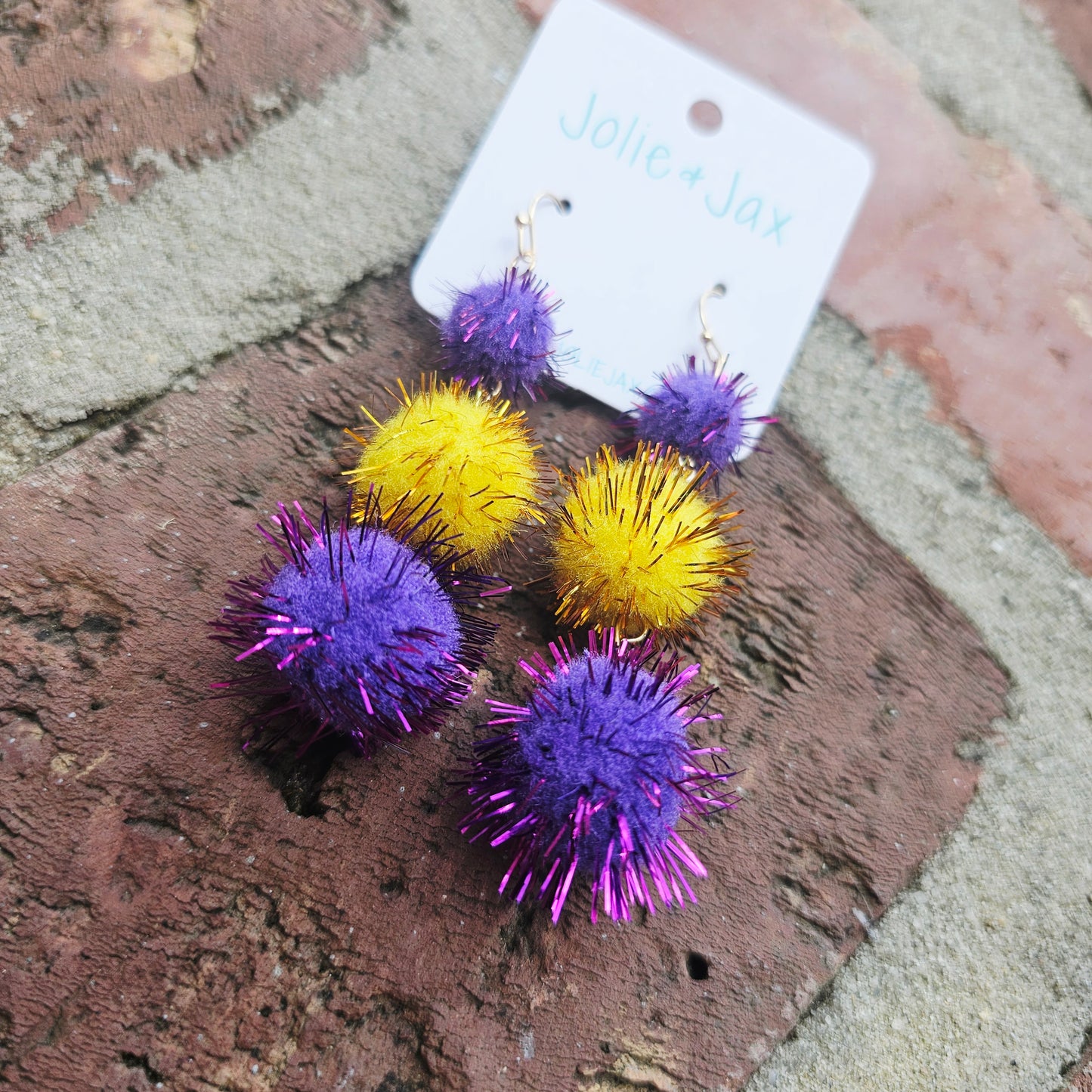 Purple and Gold Sparkle PomPom Earrings