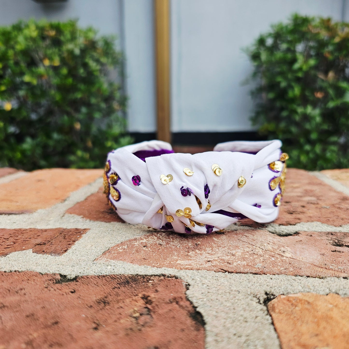 White Headband with Purple Gold Paw