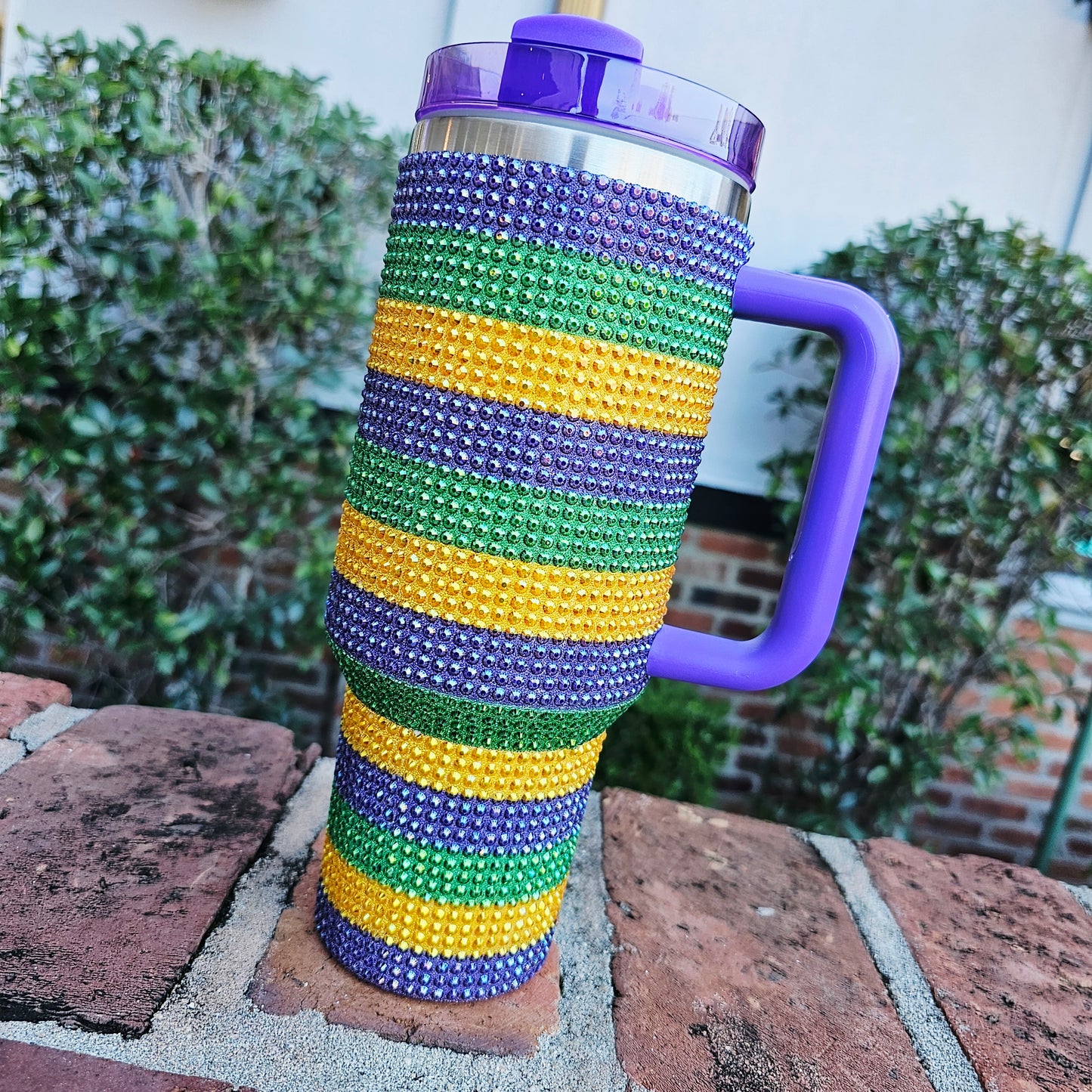 mardi gras, tumbler, rhinestones, bling, stanley, cup