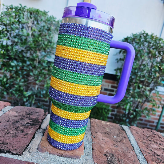 mardi gras, tumbler, rhinestones, bling, stanley, cup