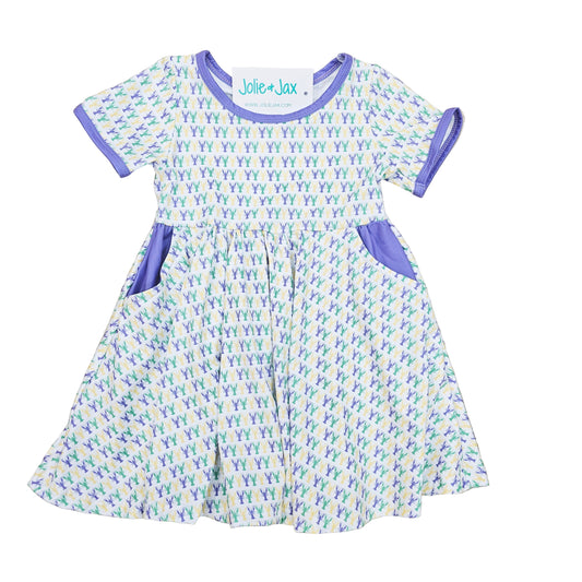 louisiana crawfish micro print girl's dress purple green gold 