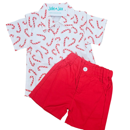boys candy cane button down shirt shorts set christmas 