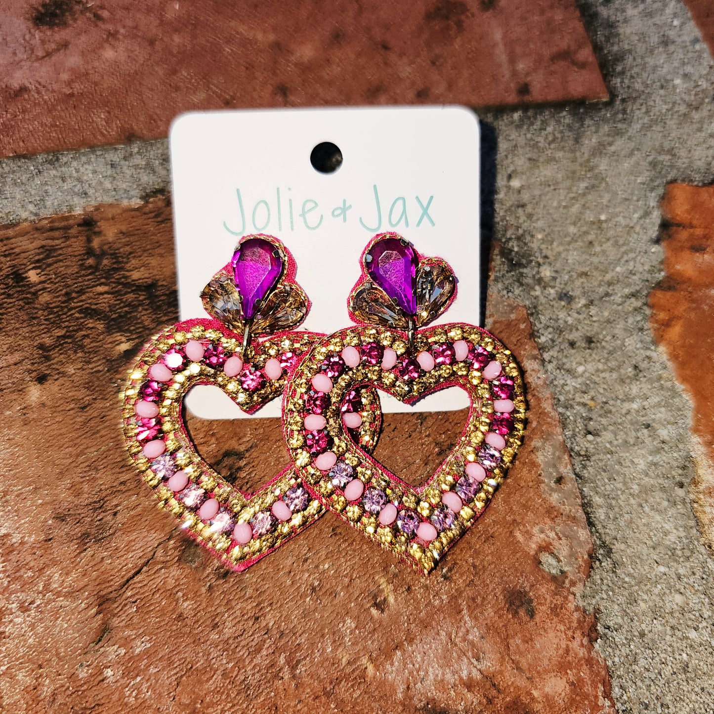 Pink Heart Beaded Rhinestone Earrings