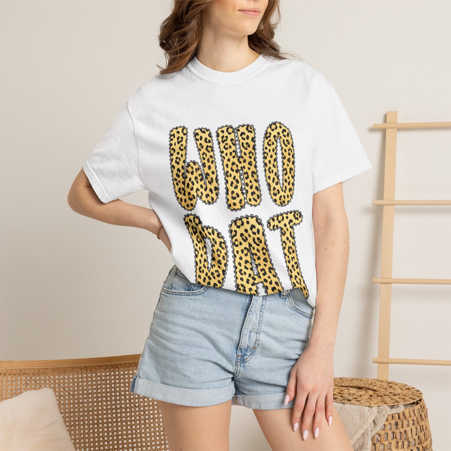 Who Dat Leopard Print T-Shirt — Retro Bold Graphic Tee for Fans & Streetwear